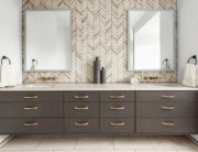double bathroom vanity and sink combination with dark wood drawers and storage to increase usable space in bathroom for living entertaining and cleaning for big or small family homes during a renovation with square rectangle mirrors and decor